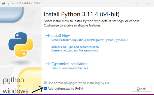 Add python .exe file to path