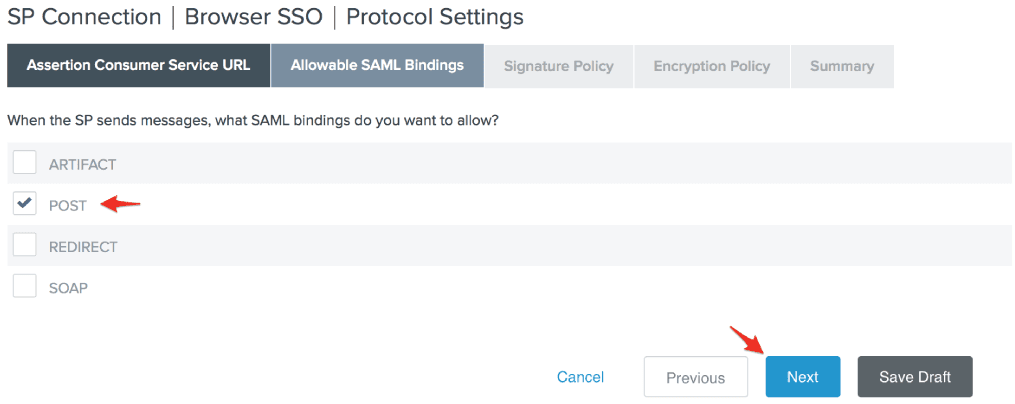 Allowable SAML Bindings page