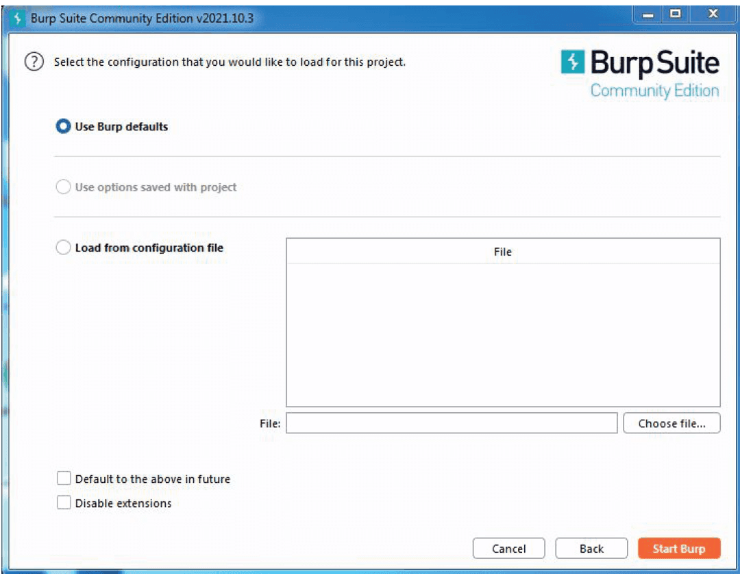 Burp Suite Windows - Burp Defaults