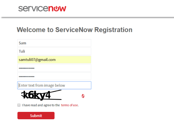 Servicenow Registration Form