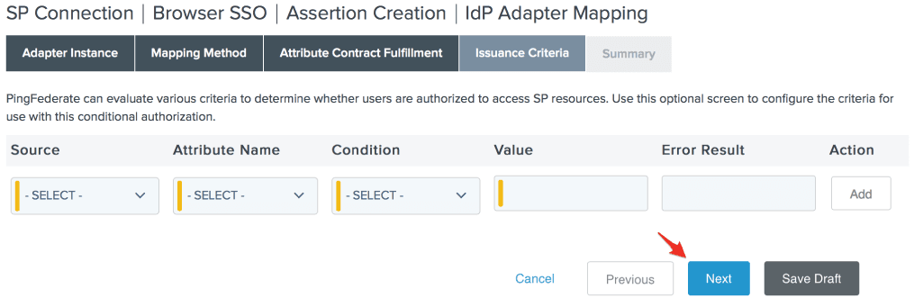 Issuance Criteria screen