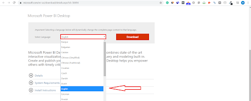 Power BI Desktop Download Language Selection