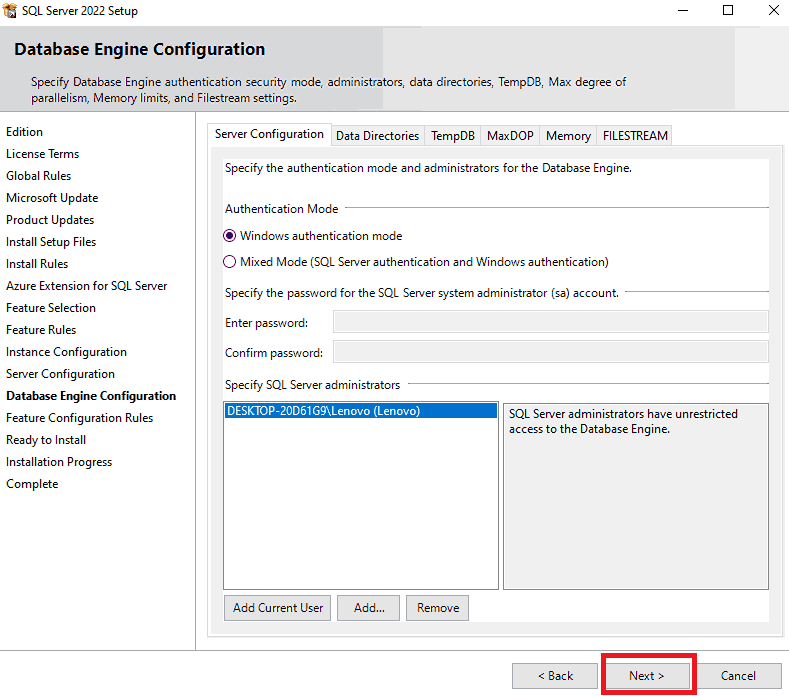 SQL Server Installation Step 16