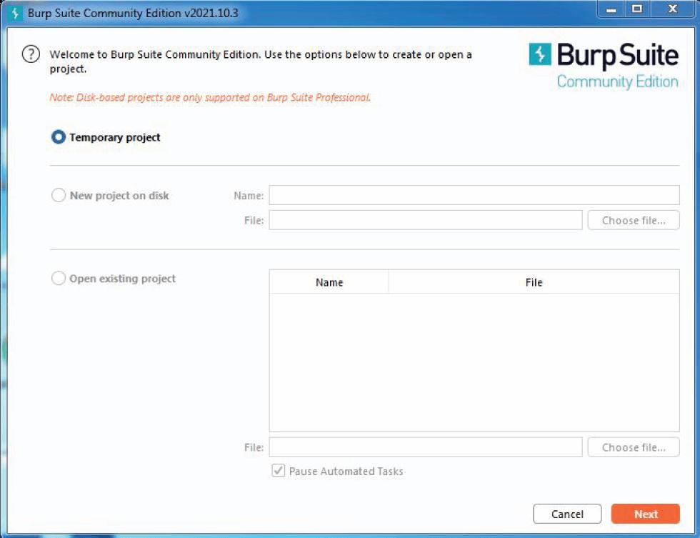 Burp Suite Windows Temporary Project 