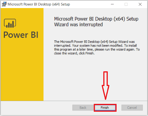 Power BI Desktop Download Finishing Dialog Box
